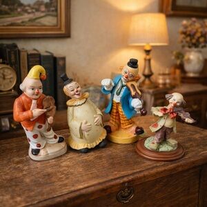 Vintage Clown Figurines Lot of 4 Circus Porcelain & Resin Musician Decor Set